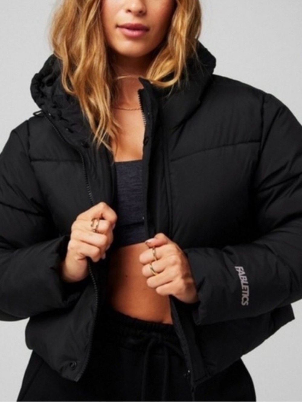 Fabletics Black Cropped Puffer Jacket with Hood NWOT
